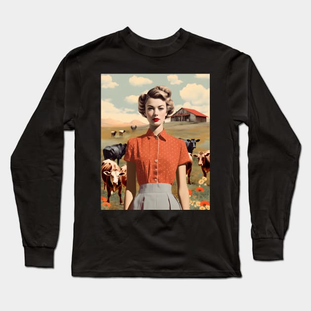 Vintage Farm Girl Pin Up Collage - Retro Chic Art Print Long Sleeve T-Shirt by The Whimsical Homestead